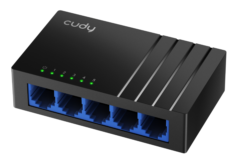Czarny przełącznik Cudy 5-portowy z pięcioma niebieskimi portami Ethernet i zielonymi diodami.