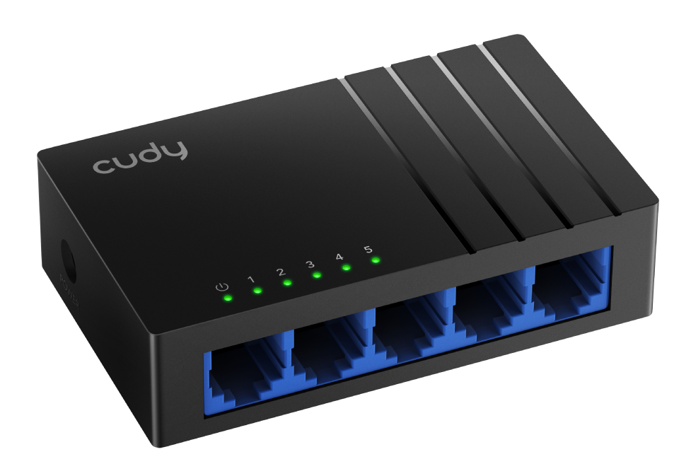 Czarny przełącznik Cudy 5-portowy z pięcioma niebieskimi portami Ethernet i zielonymi diodami.