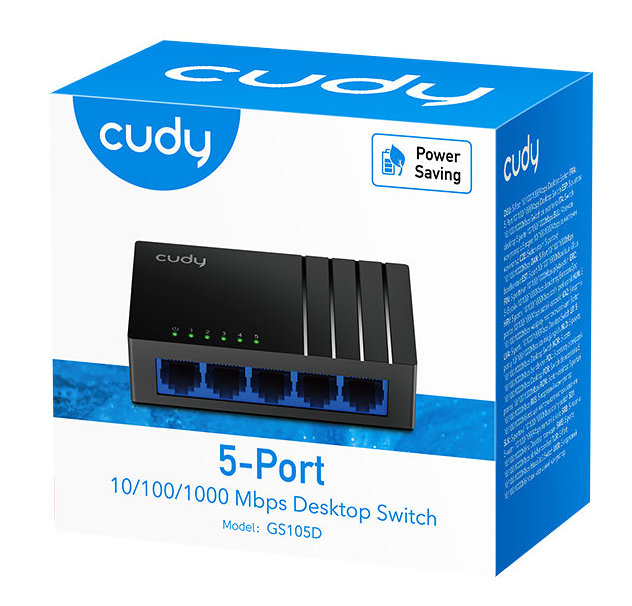 Przełącznik biurkowy Cudy 5-portowy 10/100/1000 Mb/s w białym pudełku.