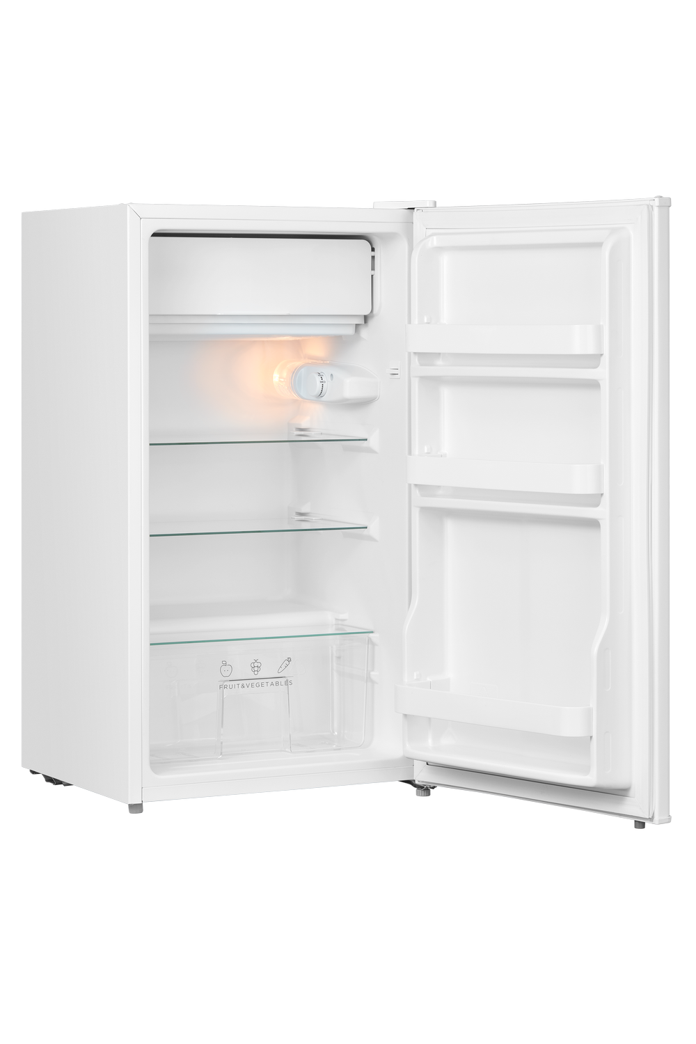 Mini-nevera blanca abierta, revela estantes, cajón de verduras y luz. Etiqueta de frutas y verduras.