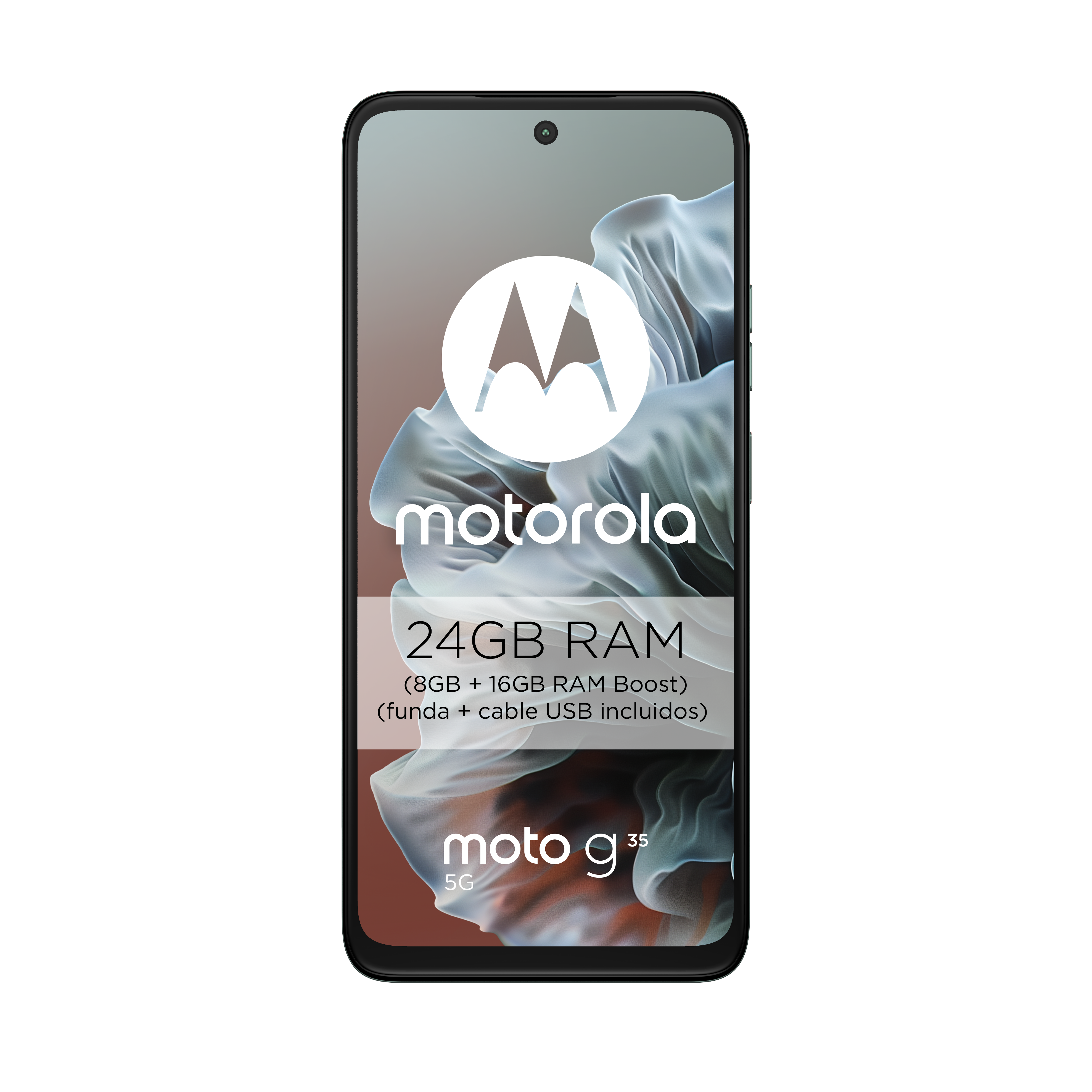 Pantalla de teléfono Motorola negro mostrando datos y logo. Fondo con diseño ahumado.