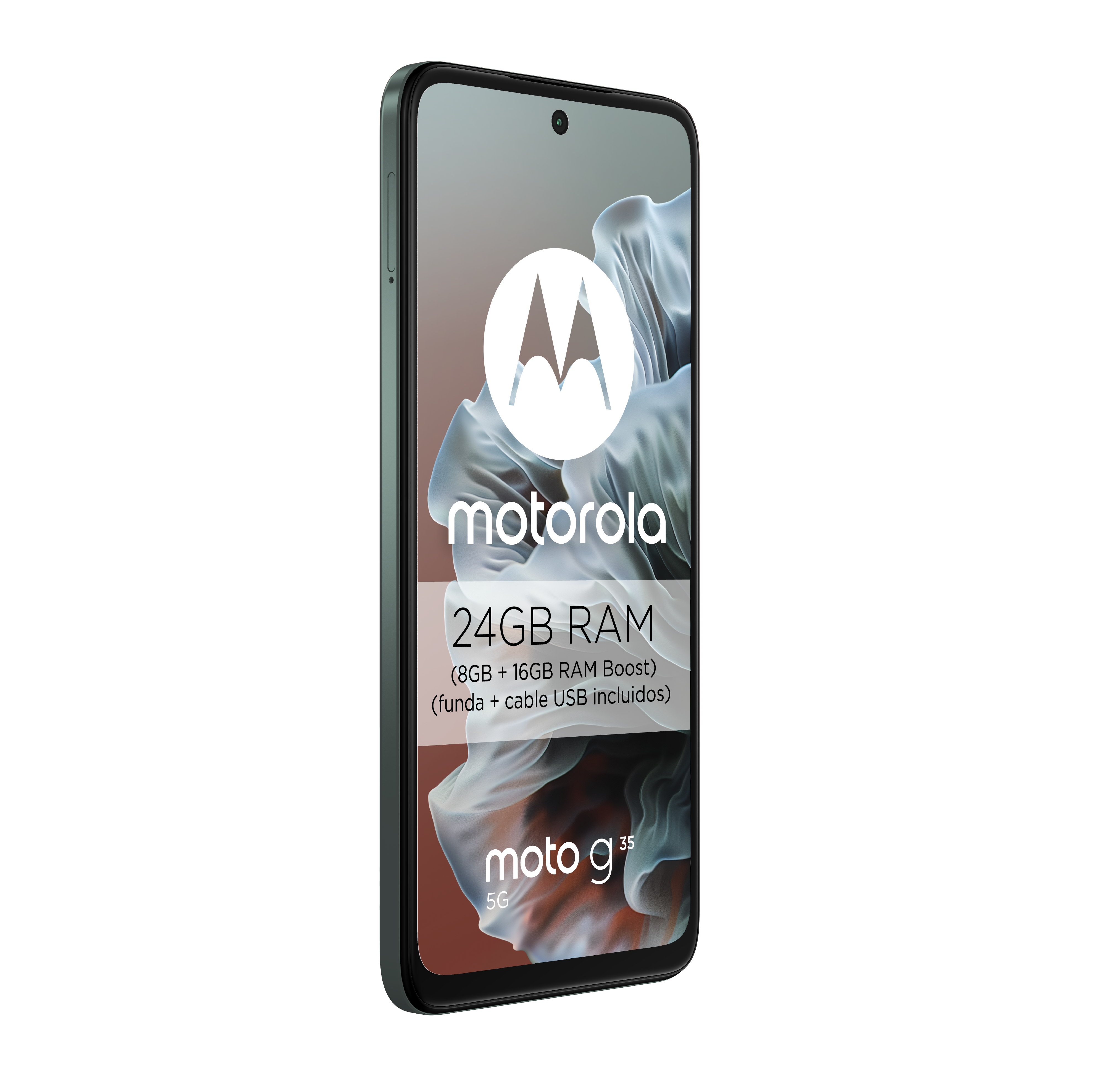 Teléfono Motorola verde, inclinado, pantalla con información y logo. Fondo blanco.