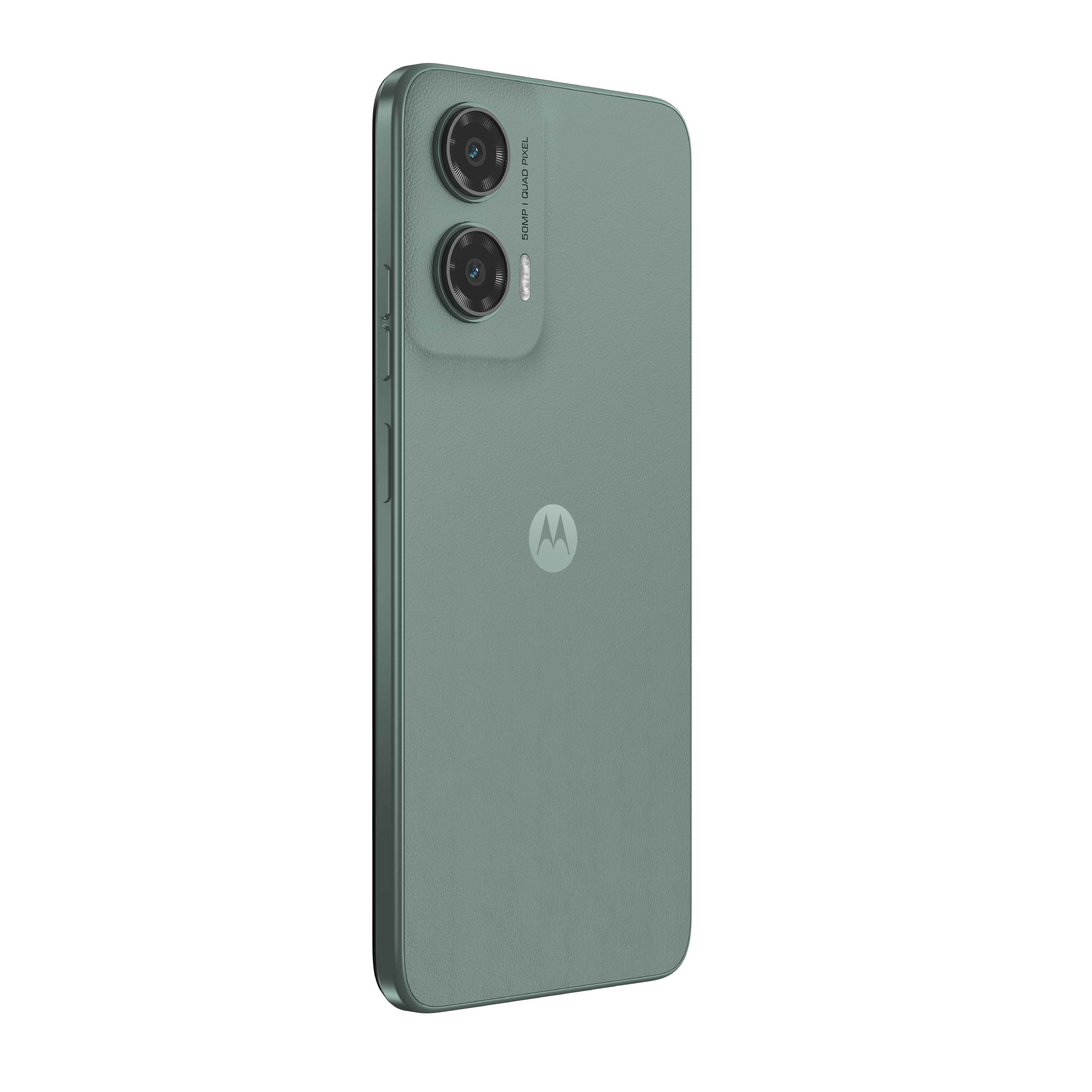 Teléfono Motorola verde, vista trasera. Con cámaras duales y logo Motorola. Fondo blanco.
