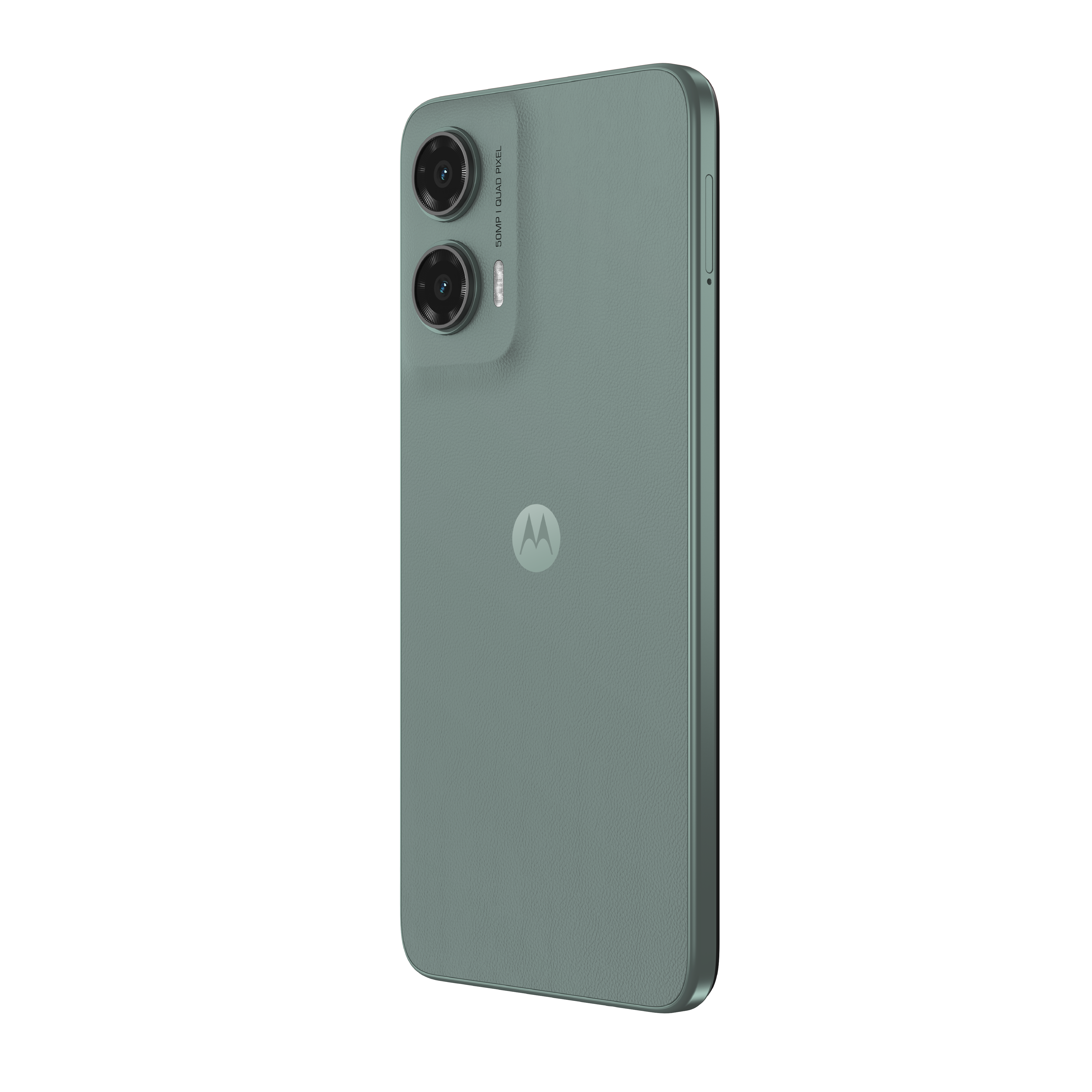 Teléfono Motorola verde, vista trasera. Con cámaras duales y logo Motorola. Fondo blanco.