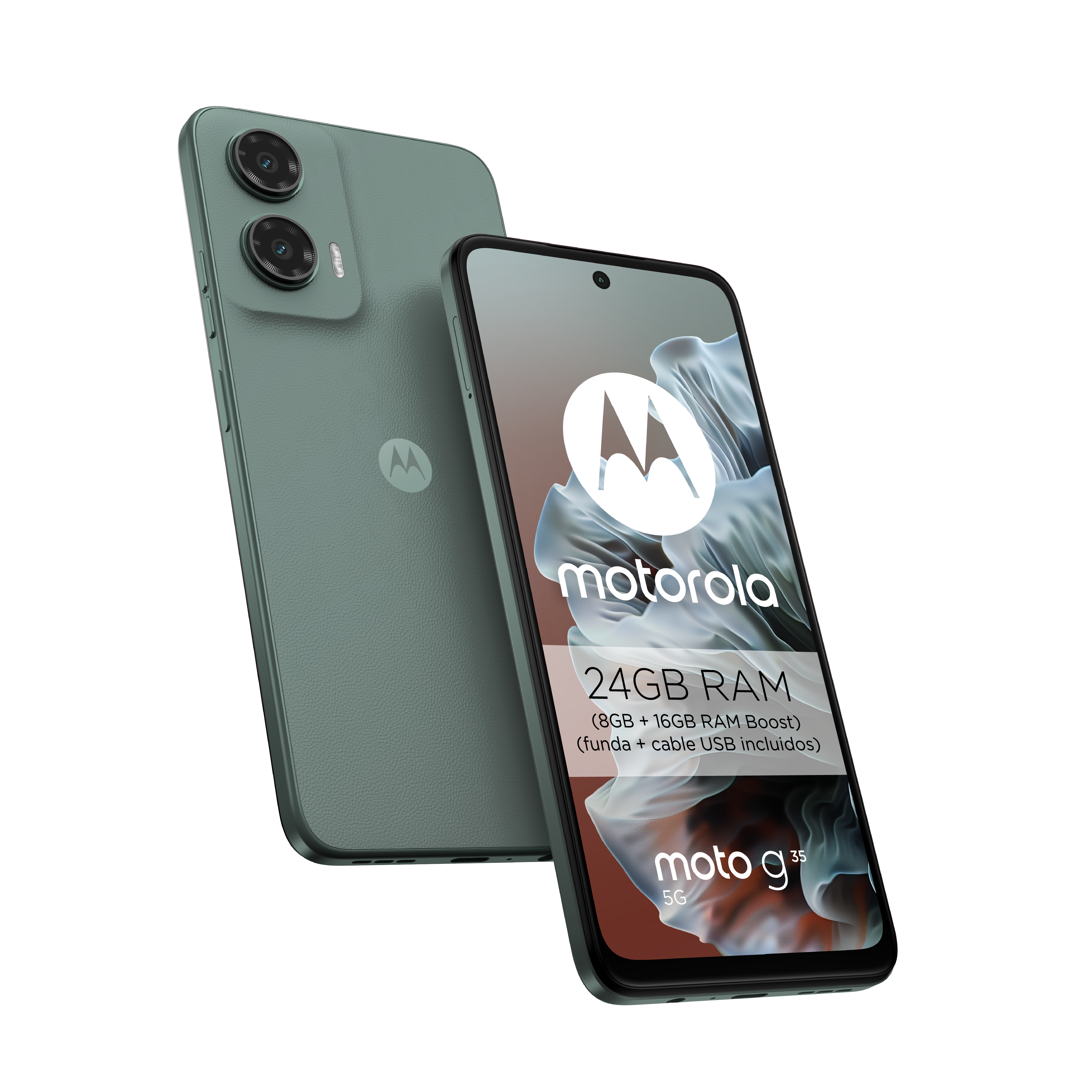 Teléfono Motorola verde con pantalla y vista trasera. Mostrando información y logo. Fondo blanco.