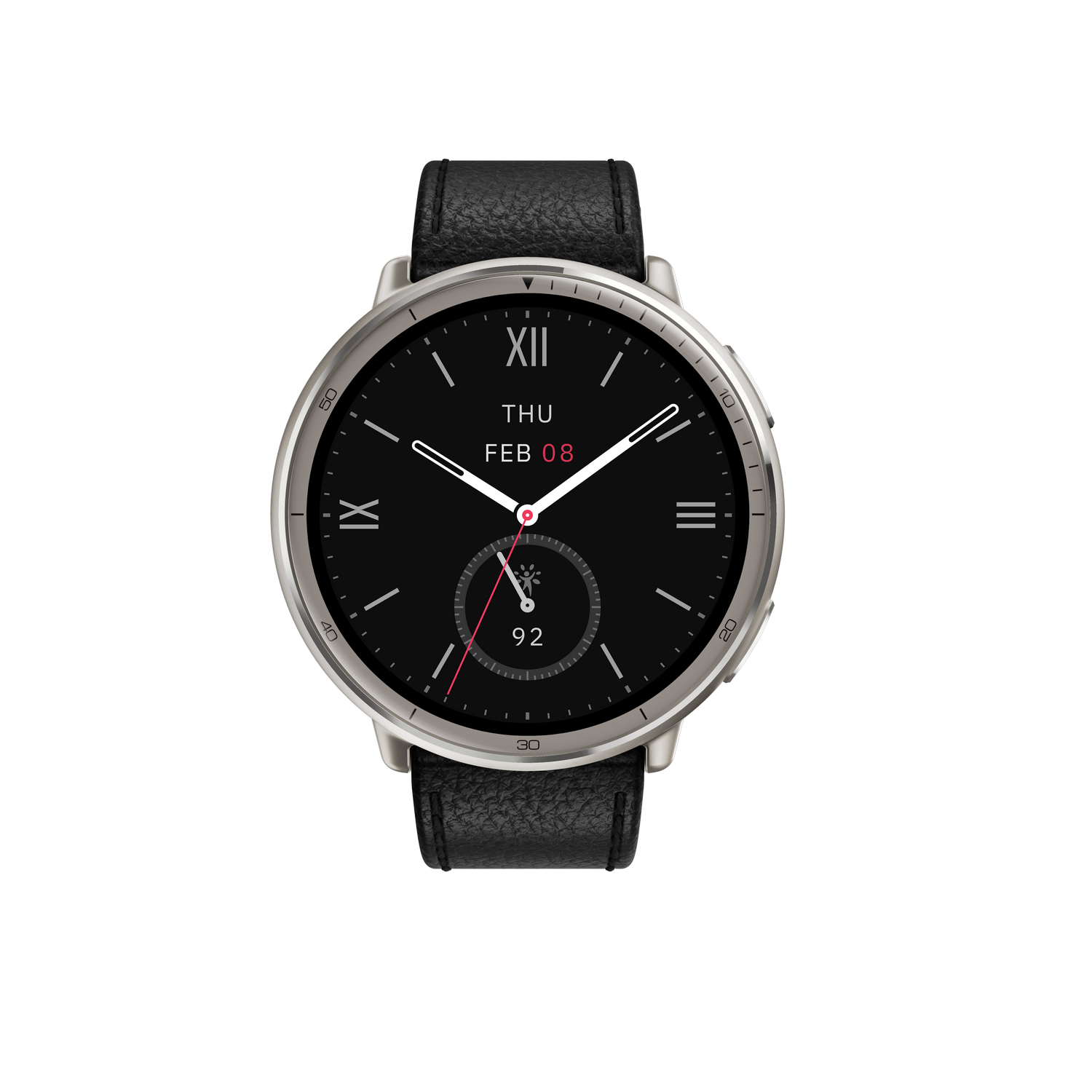 Reloj inteligente plateado con correa negra sobre fondo negro. Muestra fecha, hora y pulso.