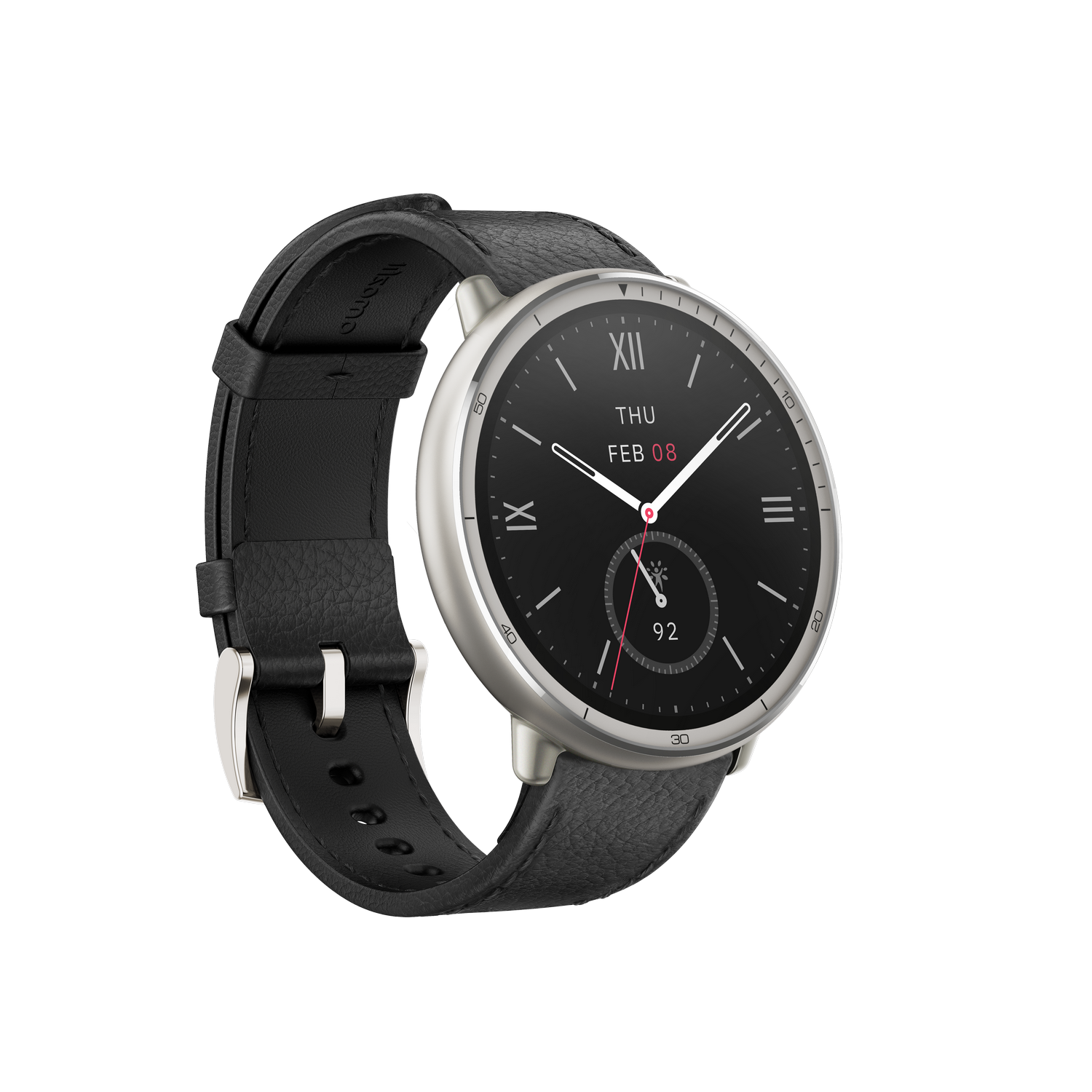 Smartwatch con correa negra y caja plateada. Fondo negro. Muestra fecha, hora y pulso.