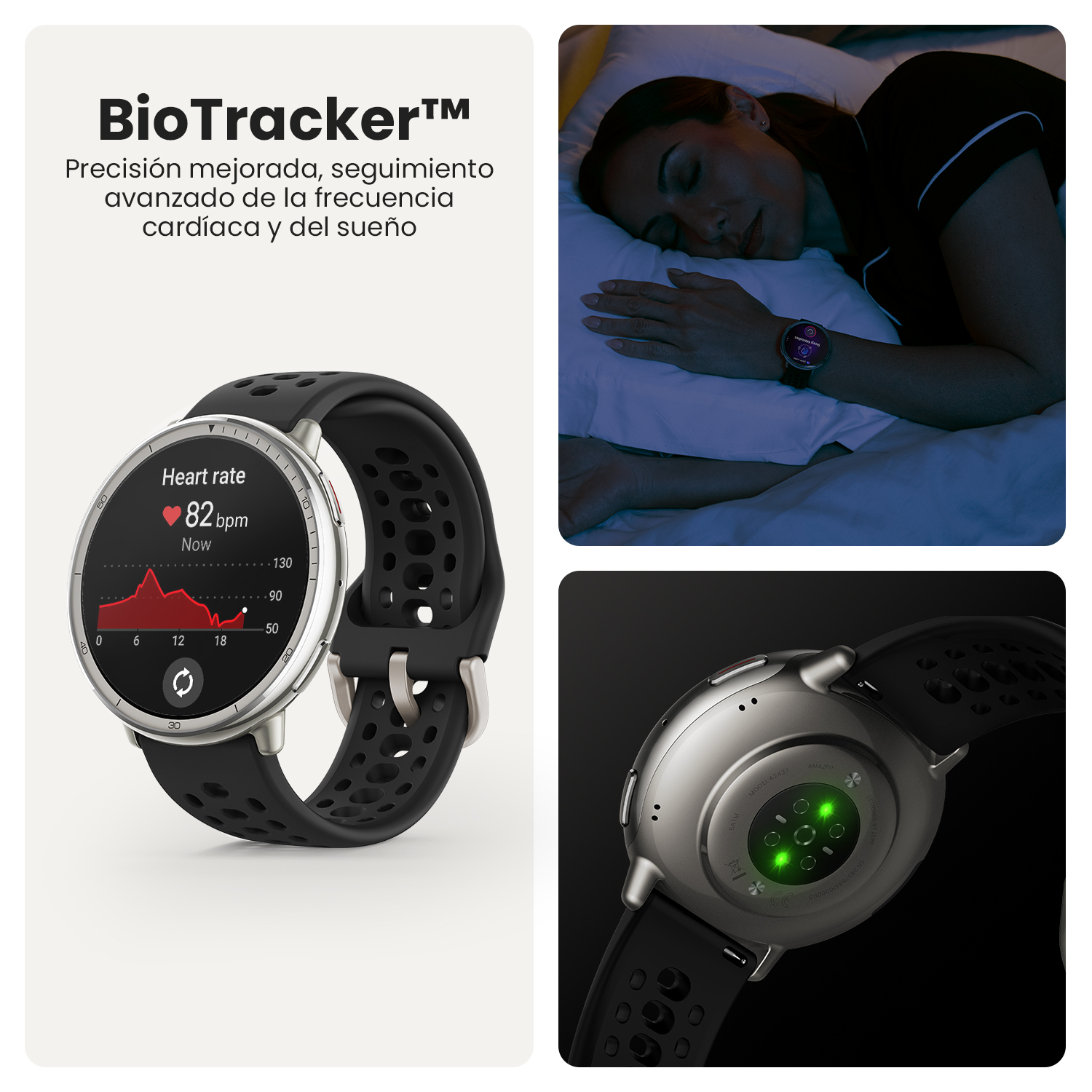 Smartwatch con visualización de frecuencia cardíaca, una persona durmiendo y sensores verdes en la parte trasera.