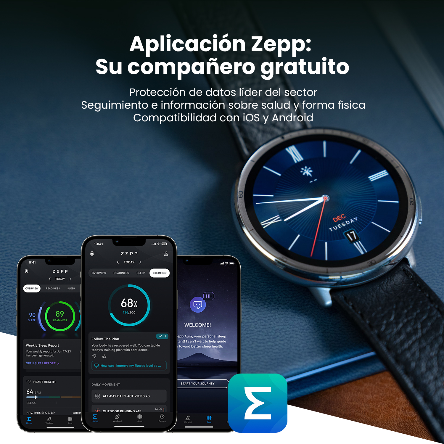 Smartwatch que muestra pantallas de aplicaciones, dos smartphones están al lado del reloj.