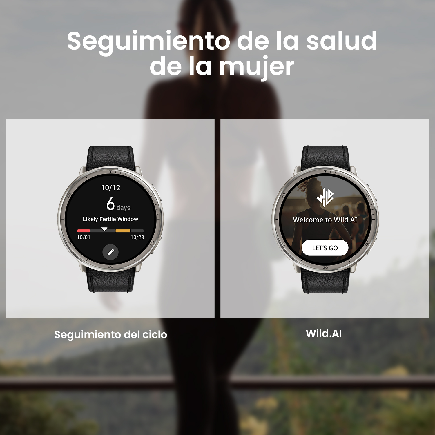 Dos smartwatches, uno mostrando un rastreador de ciclo y la interfaz de la app Wild.AI.