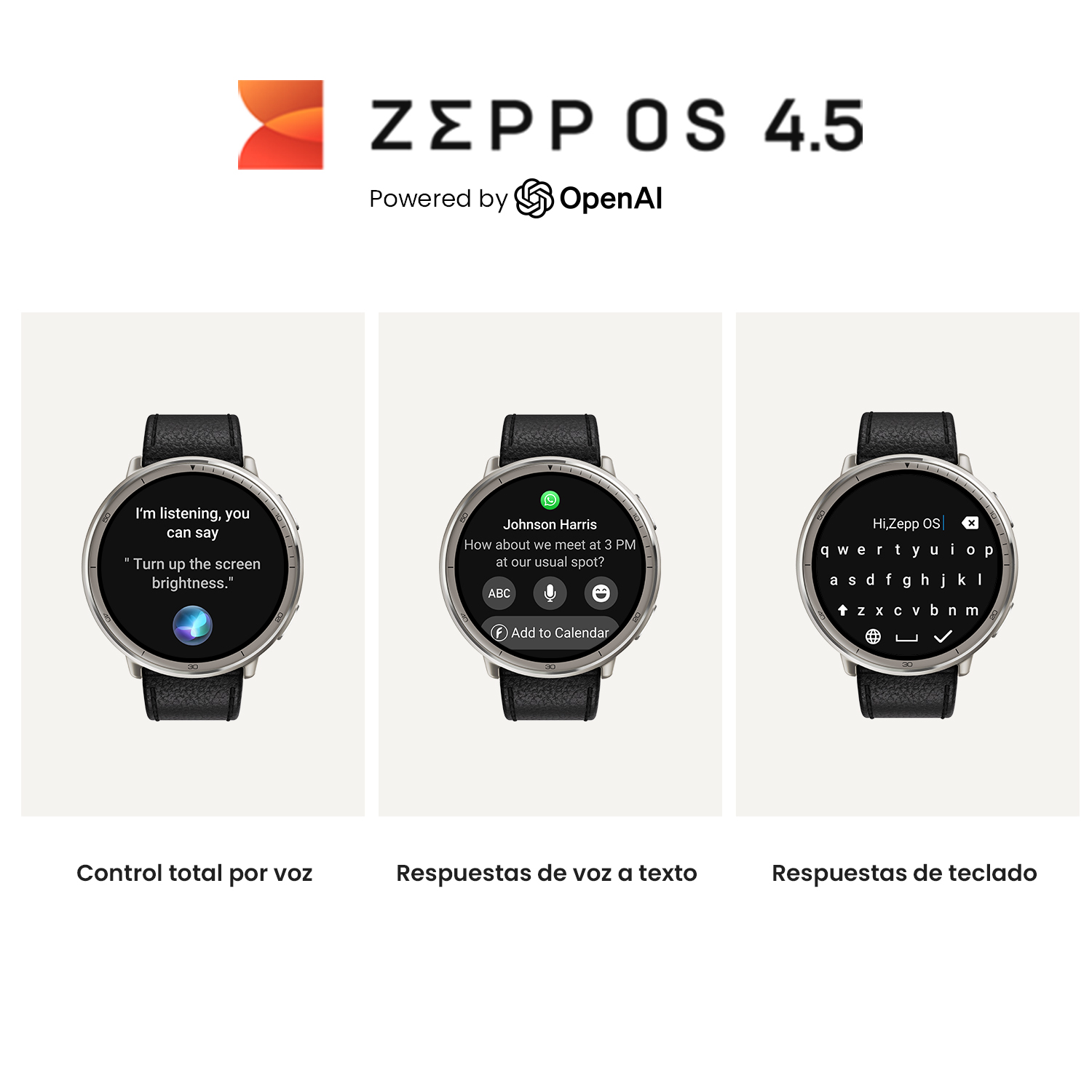 Pantallas de smartwatch con control por voz, voz a texto y opciones de entrada de teclado.