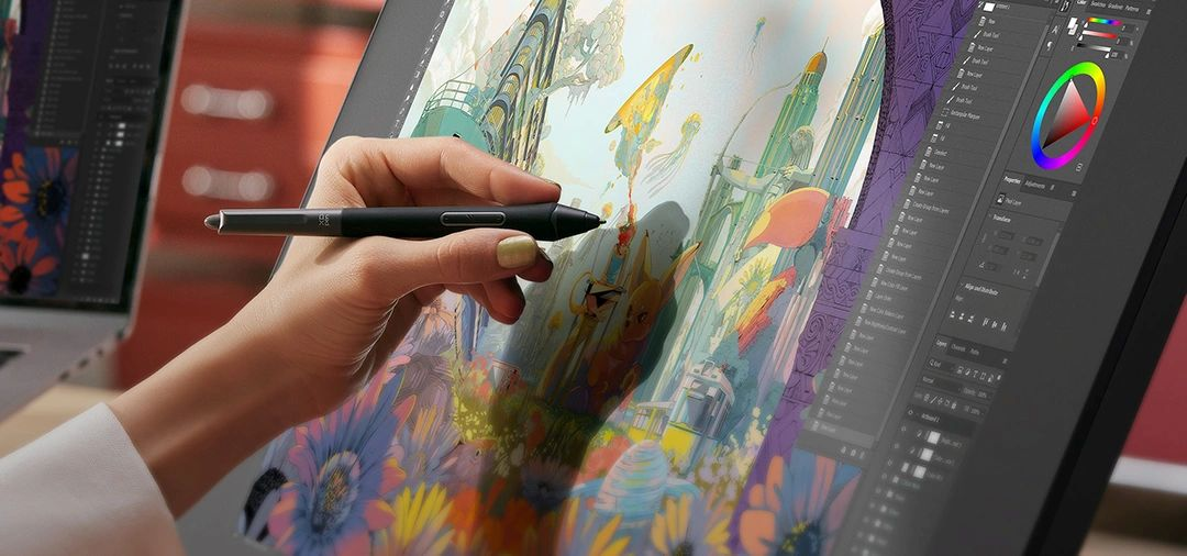 Hand benutzt Stift auf Tablet, zeigt Kunst und Farbpalette.