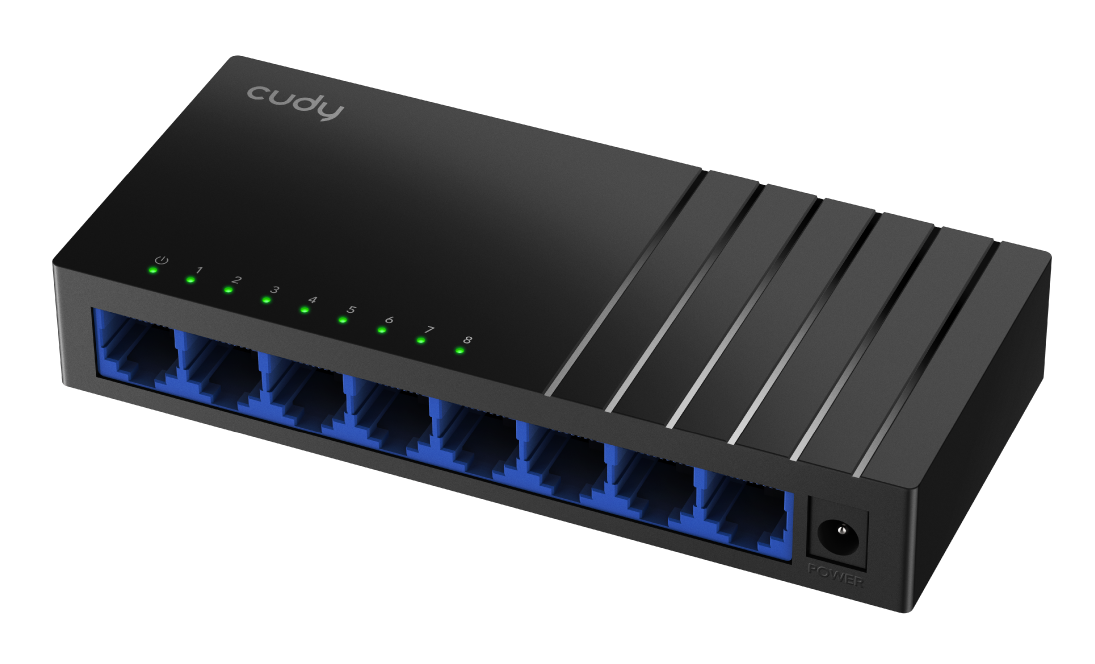 Czarny przełącznik sieciowy z ośmioma portami, kontrolkami zasilania i złączem zasilania po prawej.