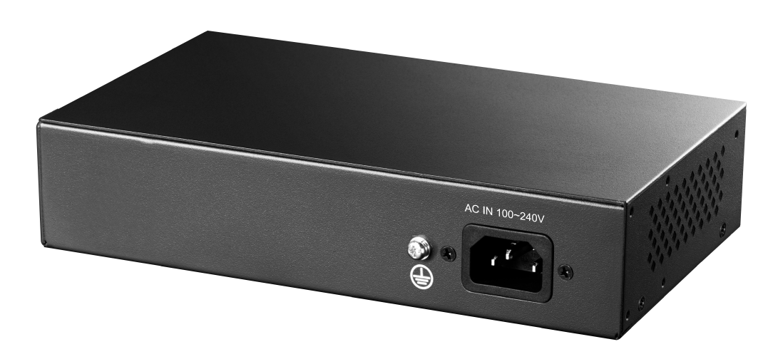 Tył czarnego przełącznika sieciowego pokazujący wejście zasilania i inne porty połączeniowe. Przełącznik jest czarny.