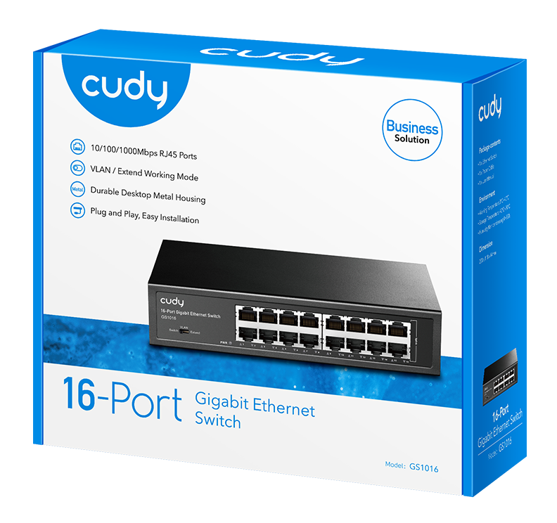 Niebiesko-białe pudełko z przełącznikiem sieciowym. Pudełko ma markę, a przełącznik jest widoczny.