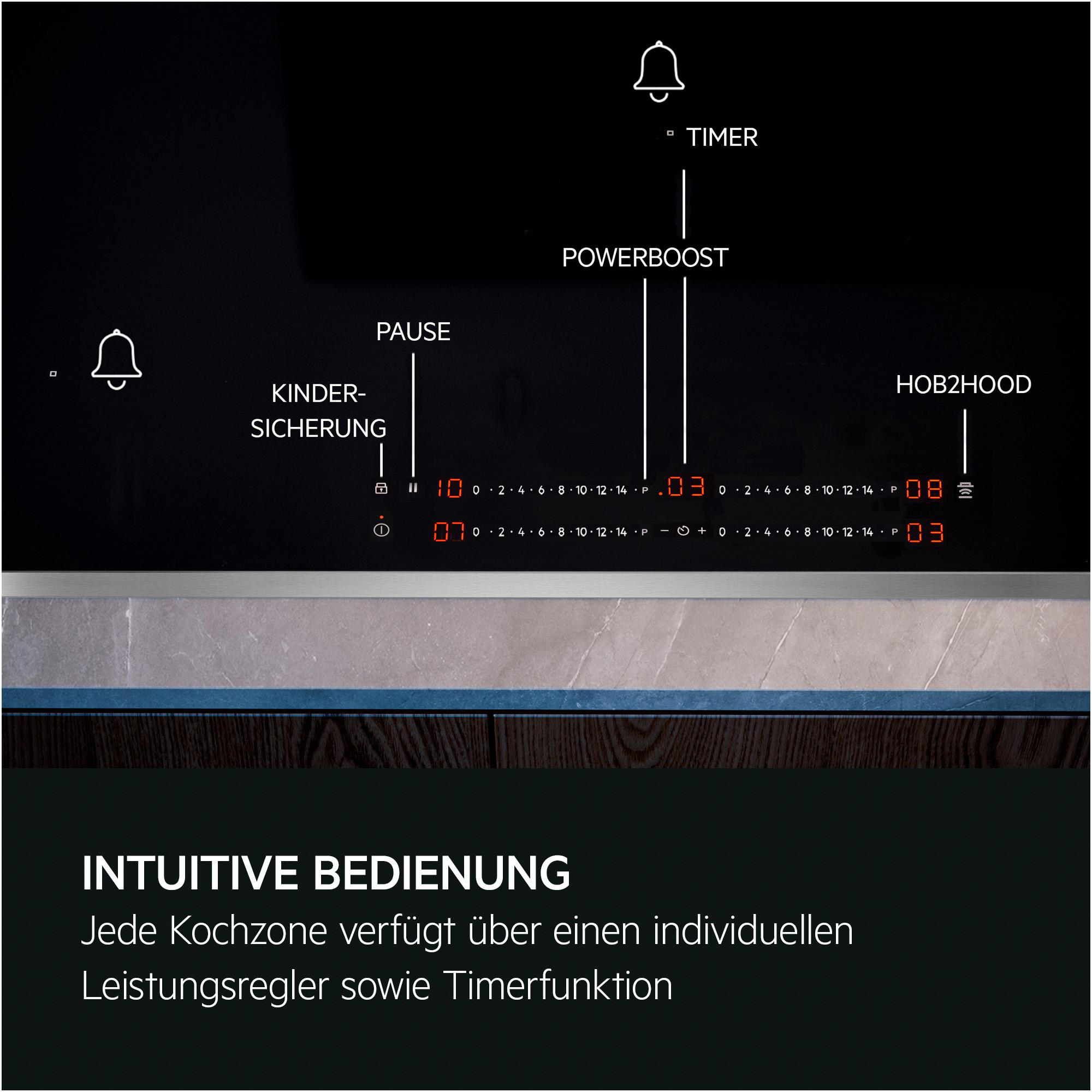 Schwarzes Kochfeld mit Digitalanzeigen und Beschriftungen. Timer, Powerboost, Pause und Hob2hood sind markiert.