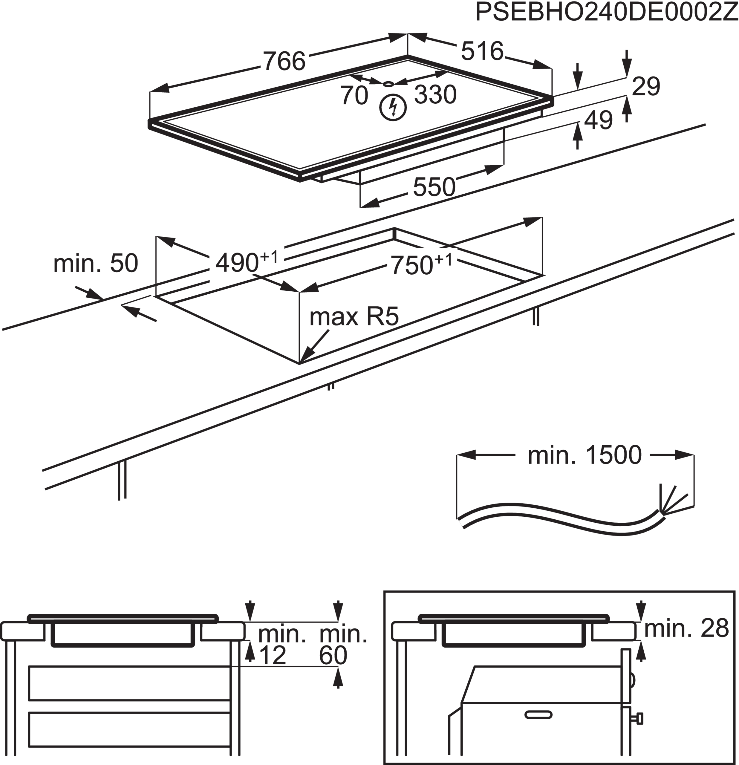 Diagramm eines Kochfelds mit Abmessungen. Zeigt Ausschnittsgrößen und Maße für die Installation. Weißer Hintergrund.