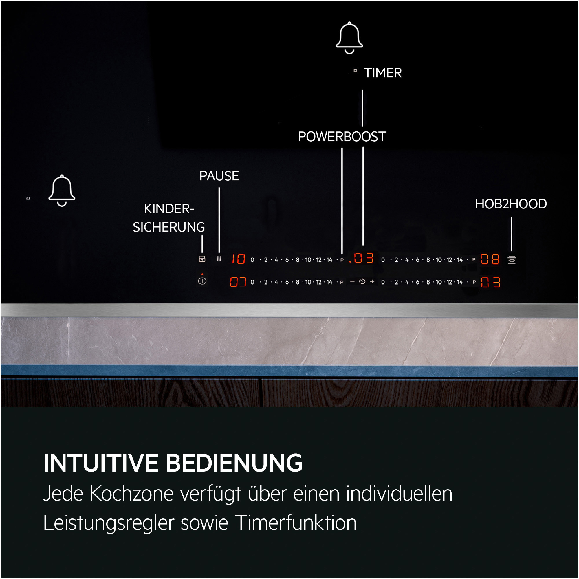Nahaufnahme eines Kochfelds mit beleuchteten Bedienelementen. Zahlen, Symbole und Icons sind sichtbar.