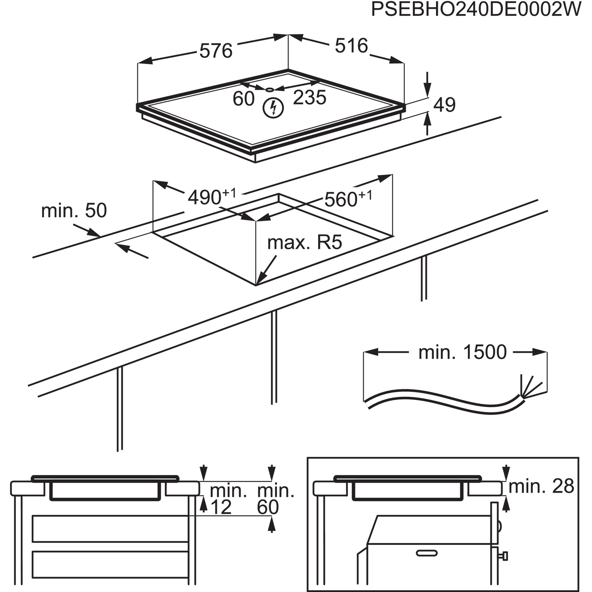 Technische Zeichnung eines Kochfelds mit Maßen und Installationsdetails.