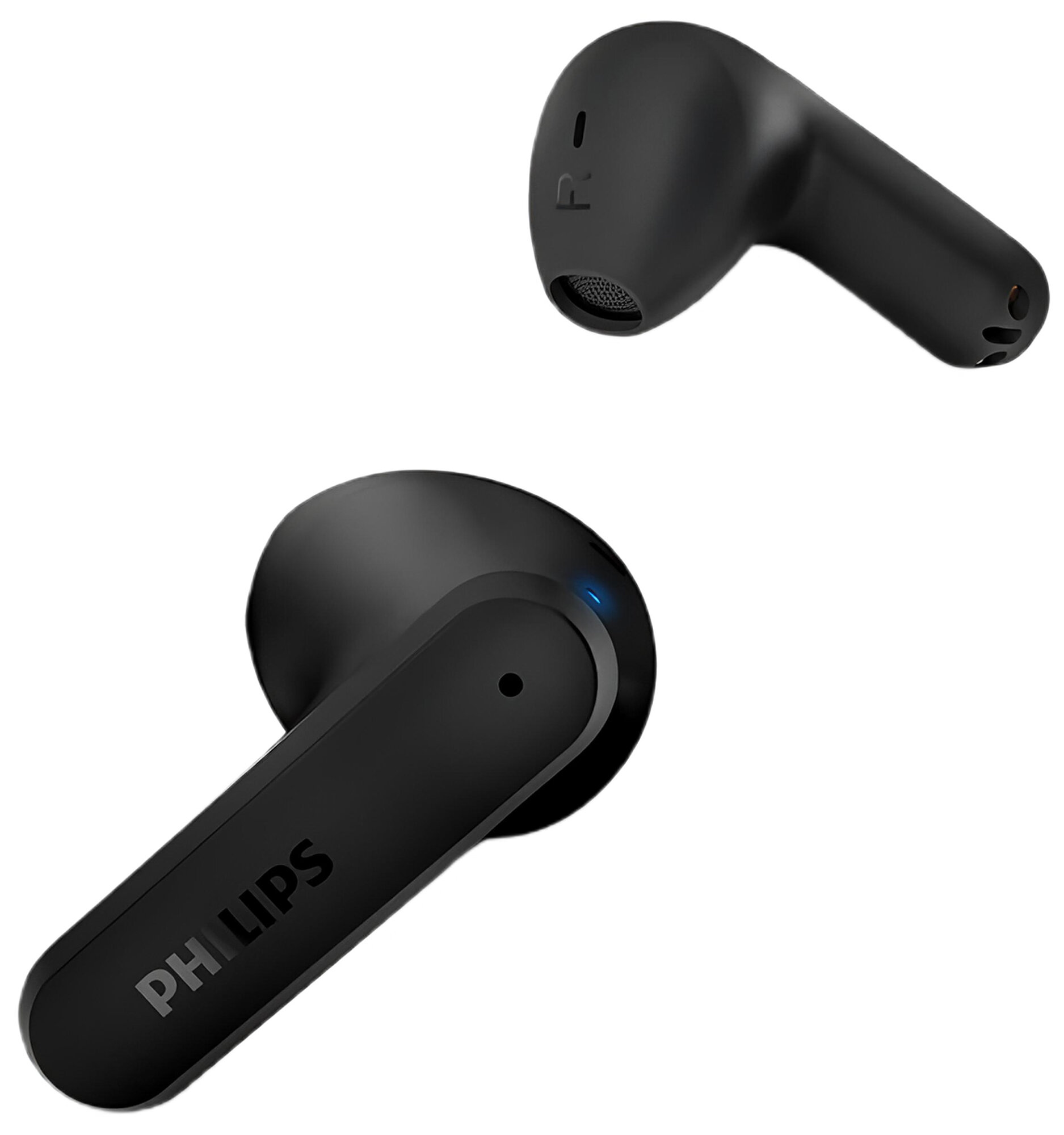 Dwie czarne bezprzewodowe słuchawki, jedna z logo, druga bez.