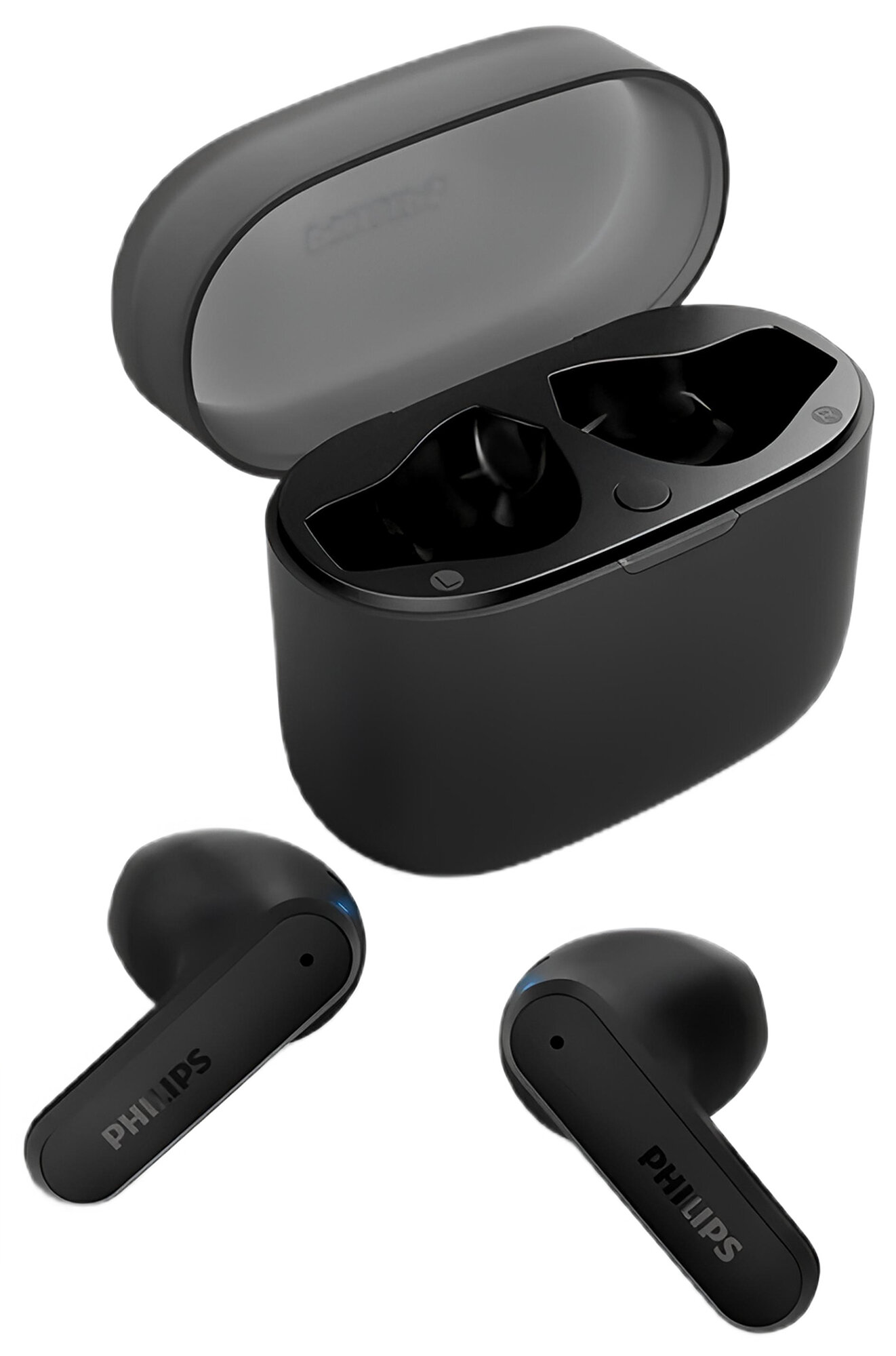 Czarne bezprzewodowe słuchawki i otwarte etui ładujące, widoczne dwie słuchawki.