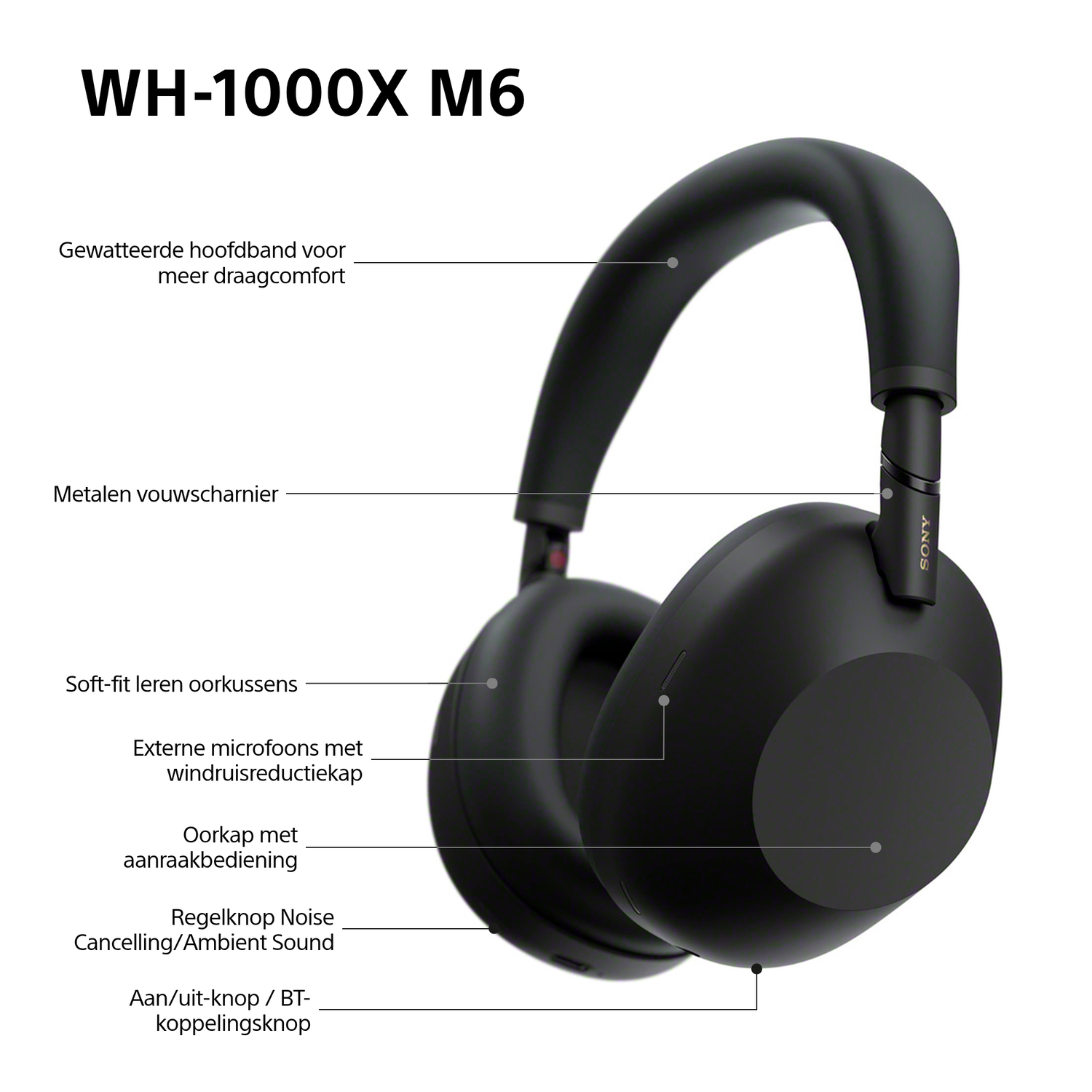Zwarte Sony WH-1000XM6 hoofdtelefoon. Kenmerken: hoofdband, scharnier, oorkussens, aanraakbediening en knoppen.