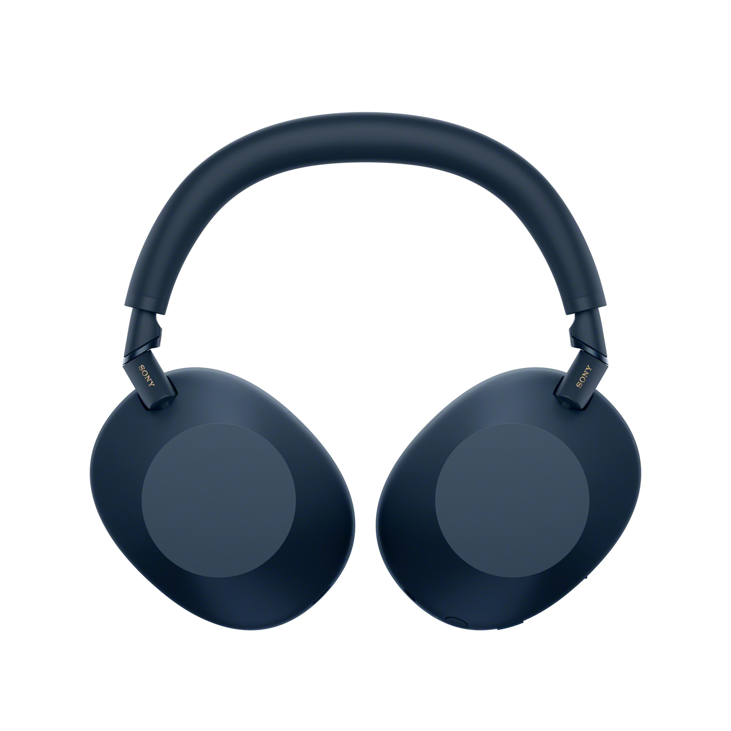 Vooraanzicht van donkerblauwe Sony-hoofdtelefoon. De hoofdtelefoon is gecentreerd op witte achtergrond.