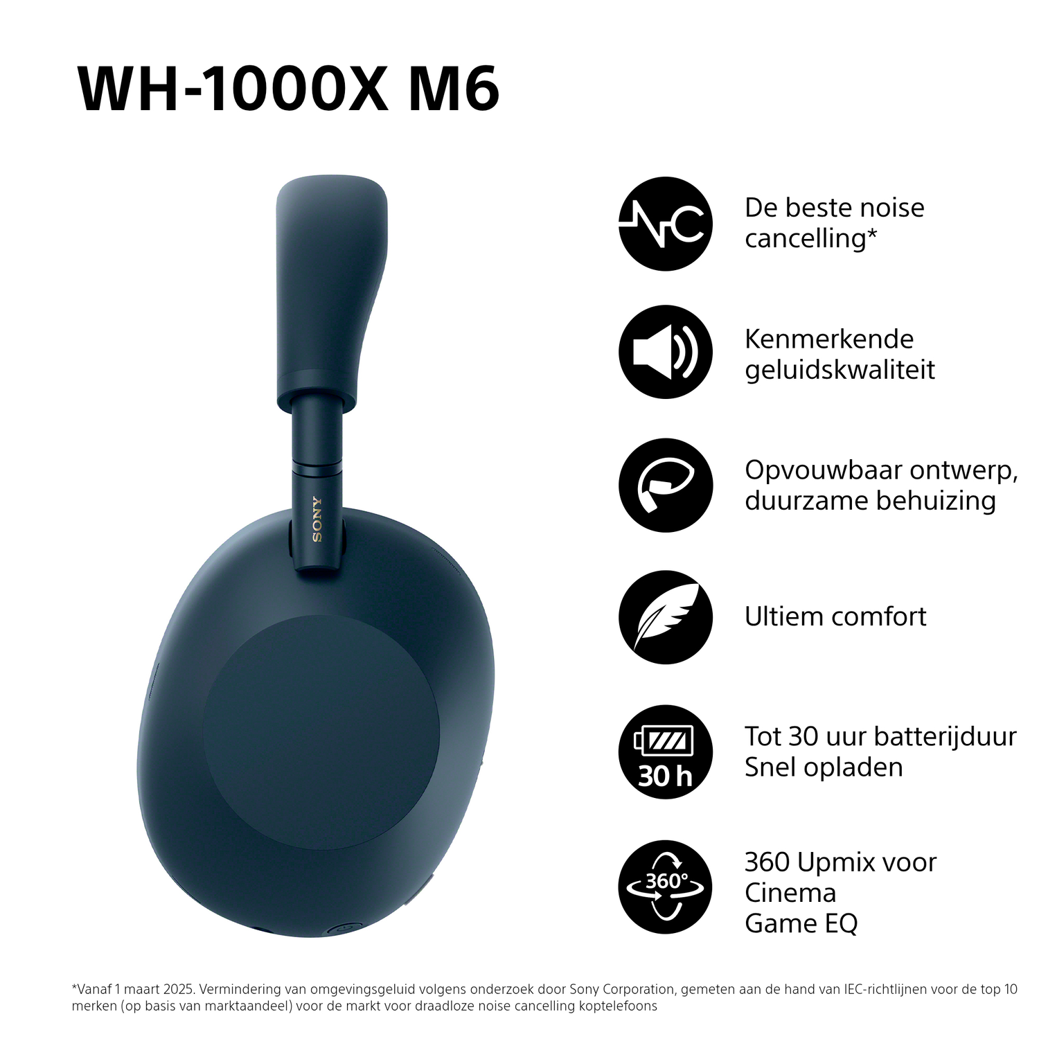 Donkerblauwe Sony WH-1000XM6 hoofdtelefoon, schuin. Functies en iconen worden rechts getoond.