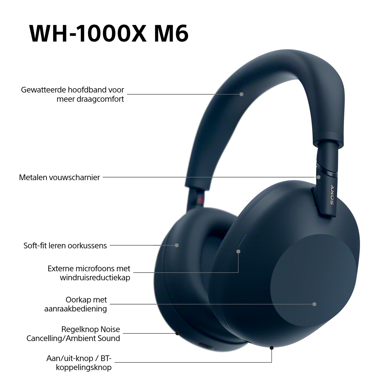 Donkerblauwe Sony-hoofdtelefoon. Kenmerken: hoofdband, scharnier, oorkussens, aanraakbediening en knoppen.