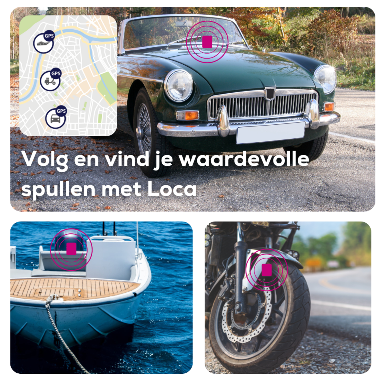 Three images: car, boat, motorcycle, each with a GPS tracker.