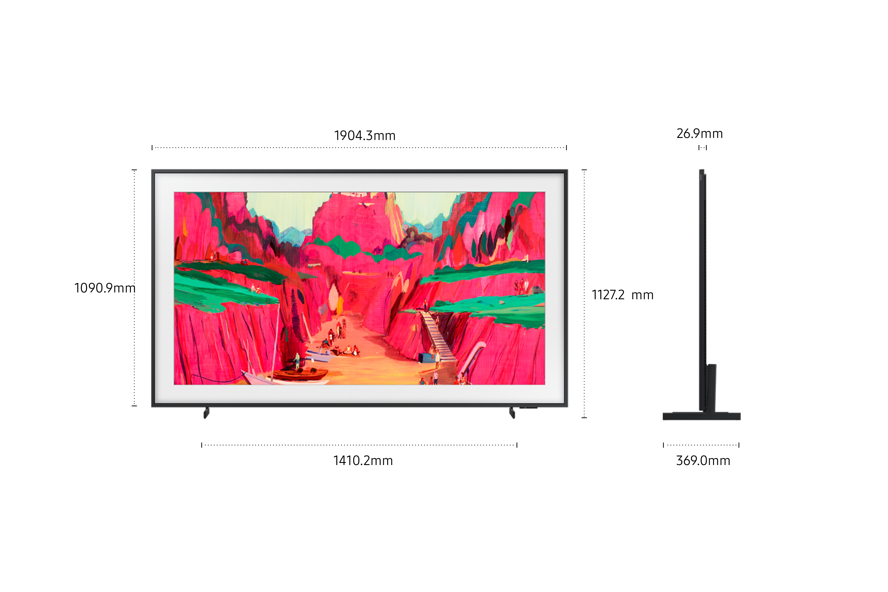 Une télévision affiche une peinture. La télévision est noire et a un support.