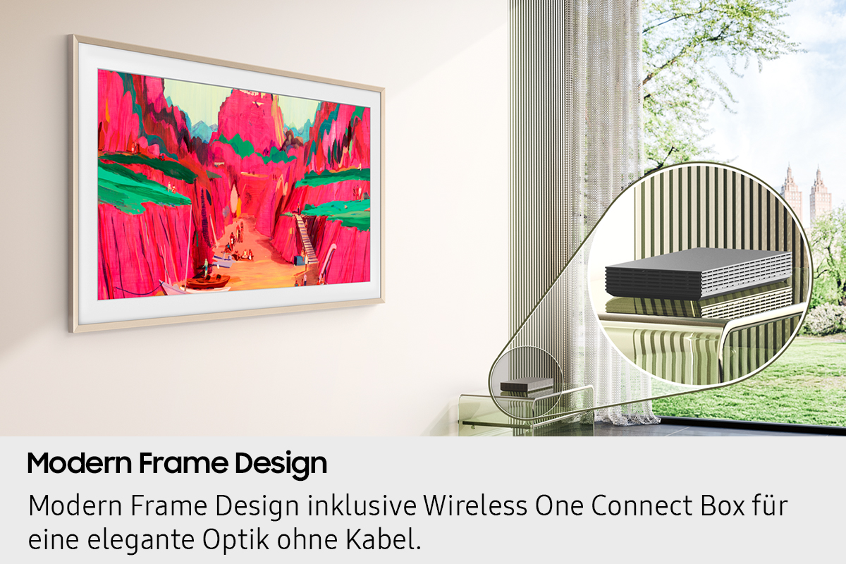 Une télévision affiche de l'art sur le mur. Le Wireless One Connect Box est également présent.