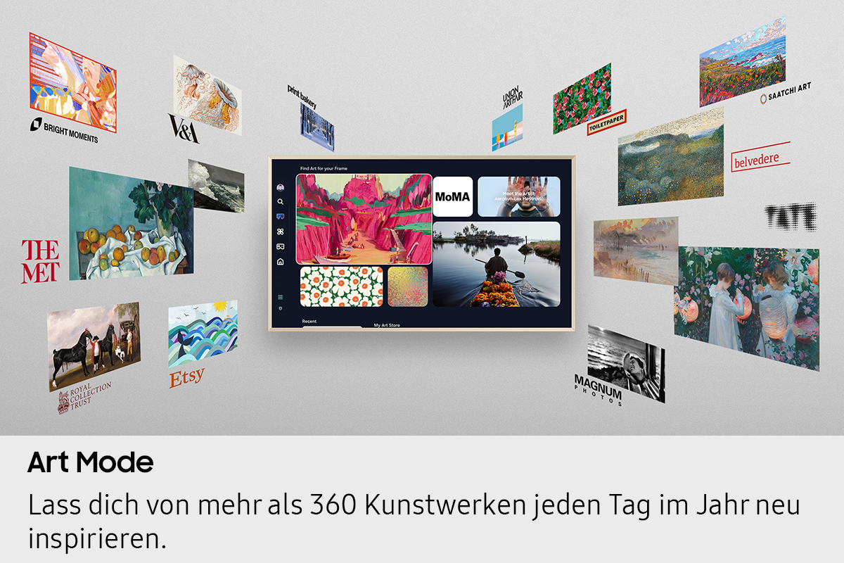 Une télévision affiche diverses œuvres d'art en mode art. L'image est dans un espace de vie moderne.