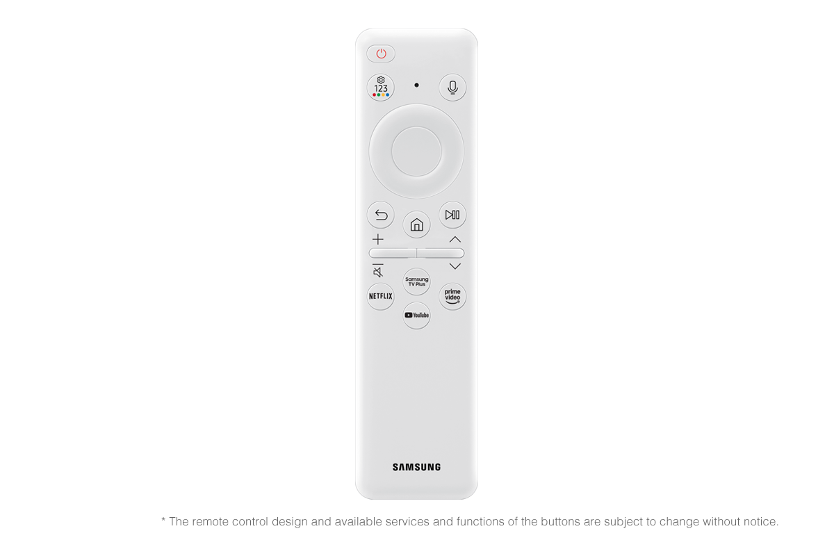 Télécommande blanche Samsung avec plusieurs boutons.