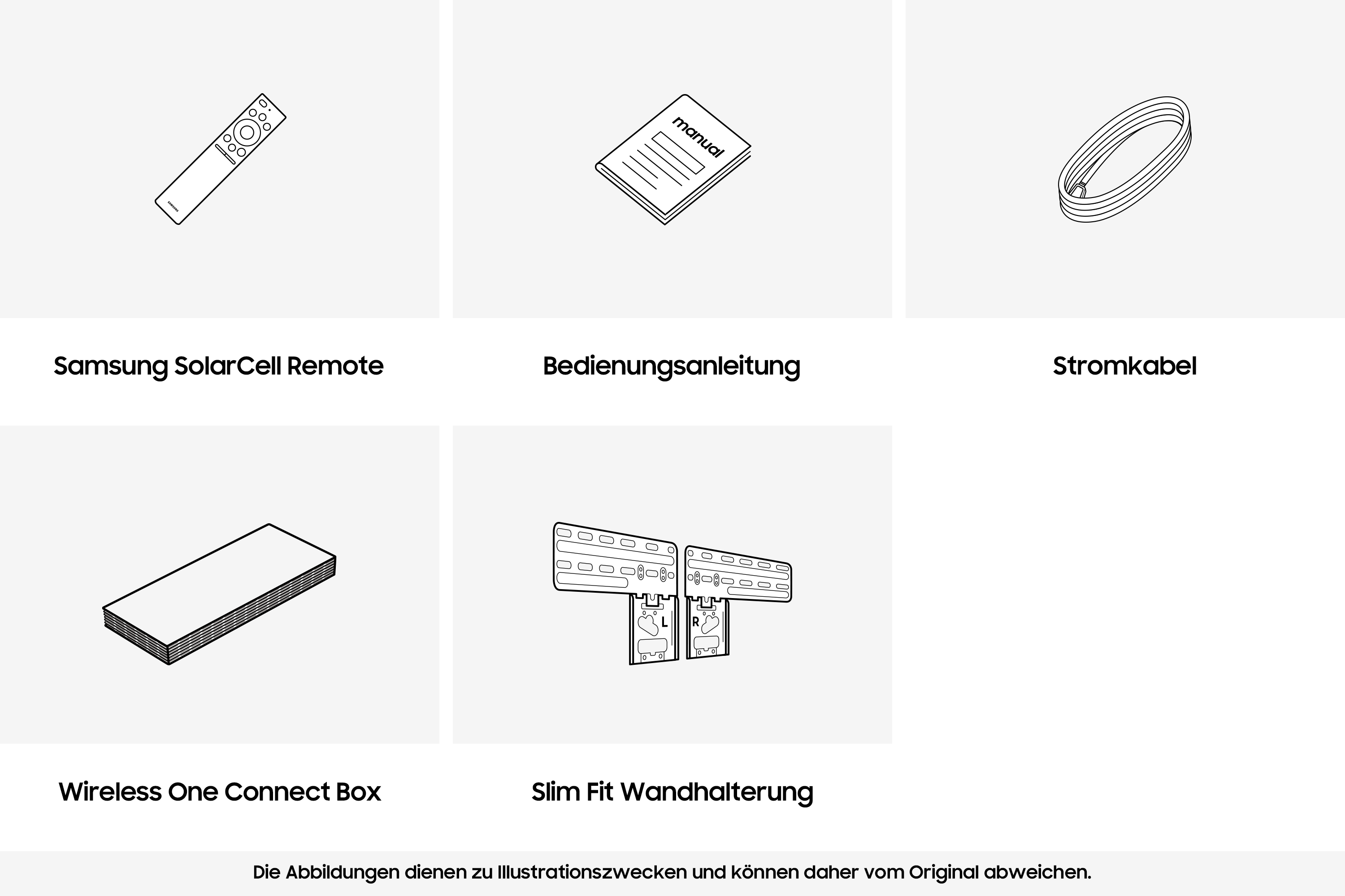 Diagrammes de la télécommande Samsung SolarCell, manuel, câble, boîtier et support mural.
