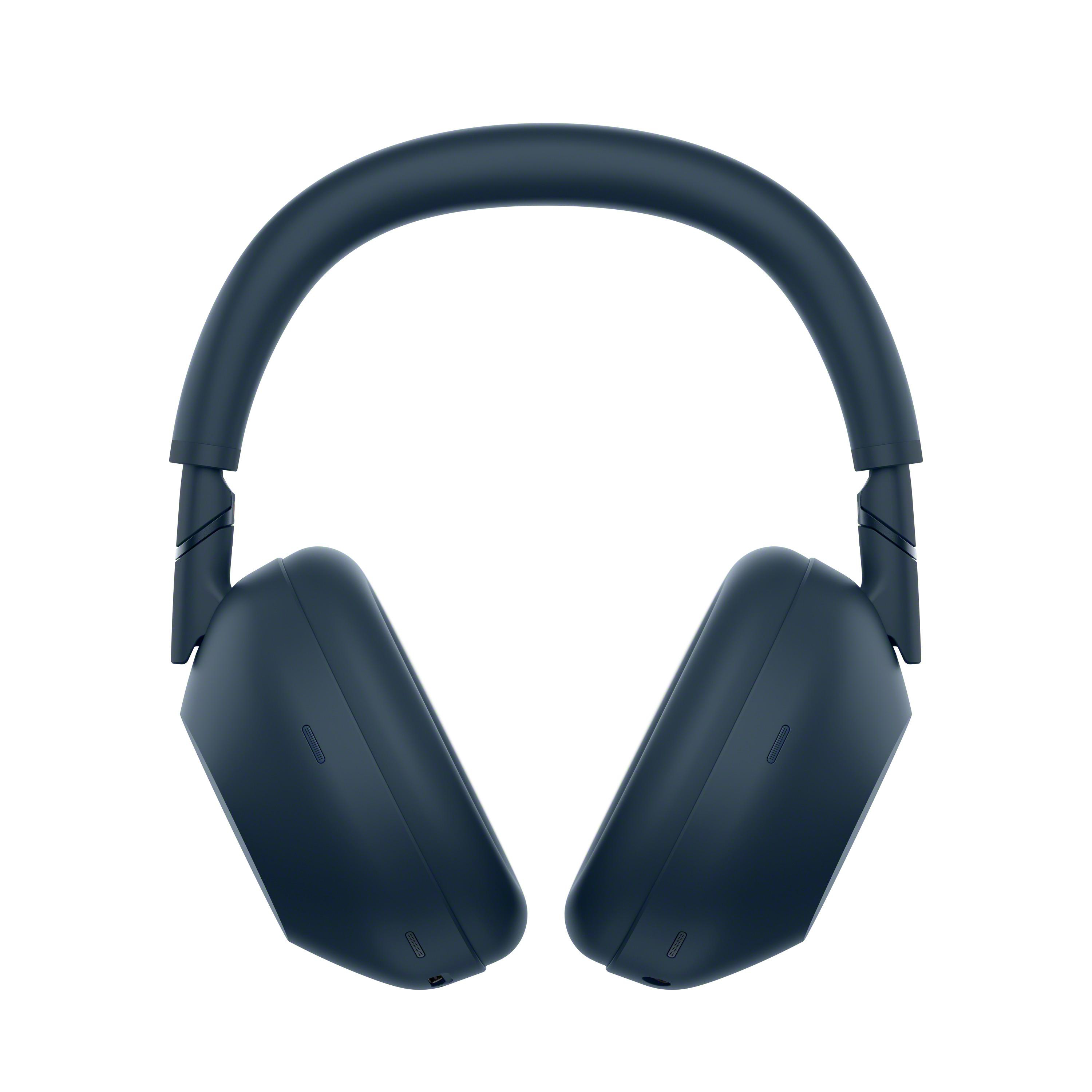 Marineblaue Kopfhörer auf weißem Hintergrund. Over-Ear-Design.