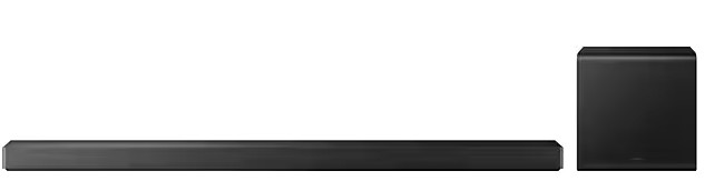 Czarny soundbar na białym tle.