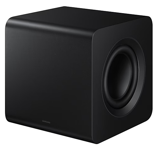 Czarny subwoofer o zaokrąglonej konstrukcji, otwór głośnika z boku.