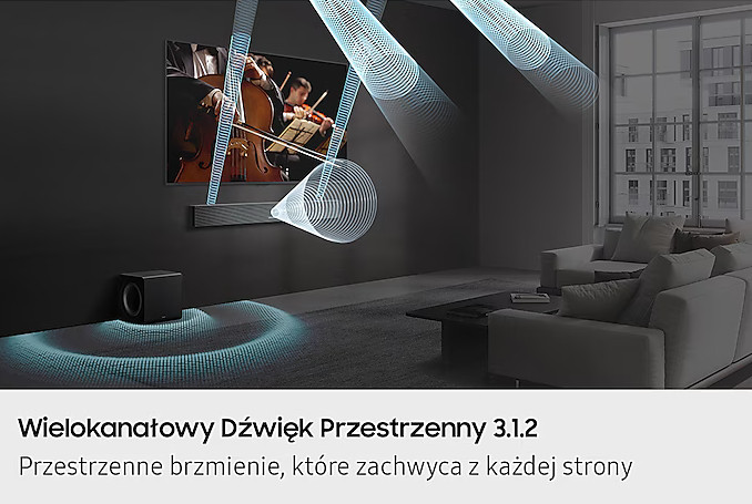 Telewizor i soundbar z falami dźwiękowymi. Tekst: Wielokanałowy Dźwięk Przestrzenny 3.1.2.
