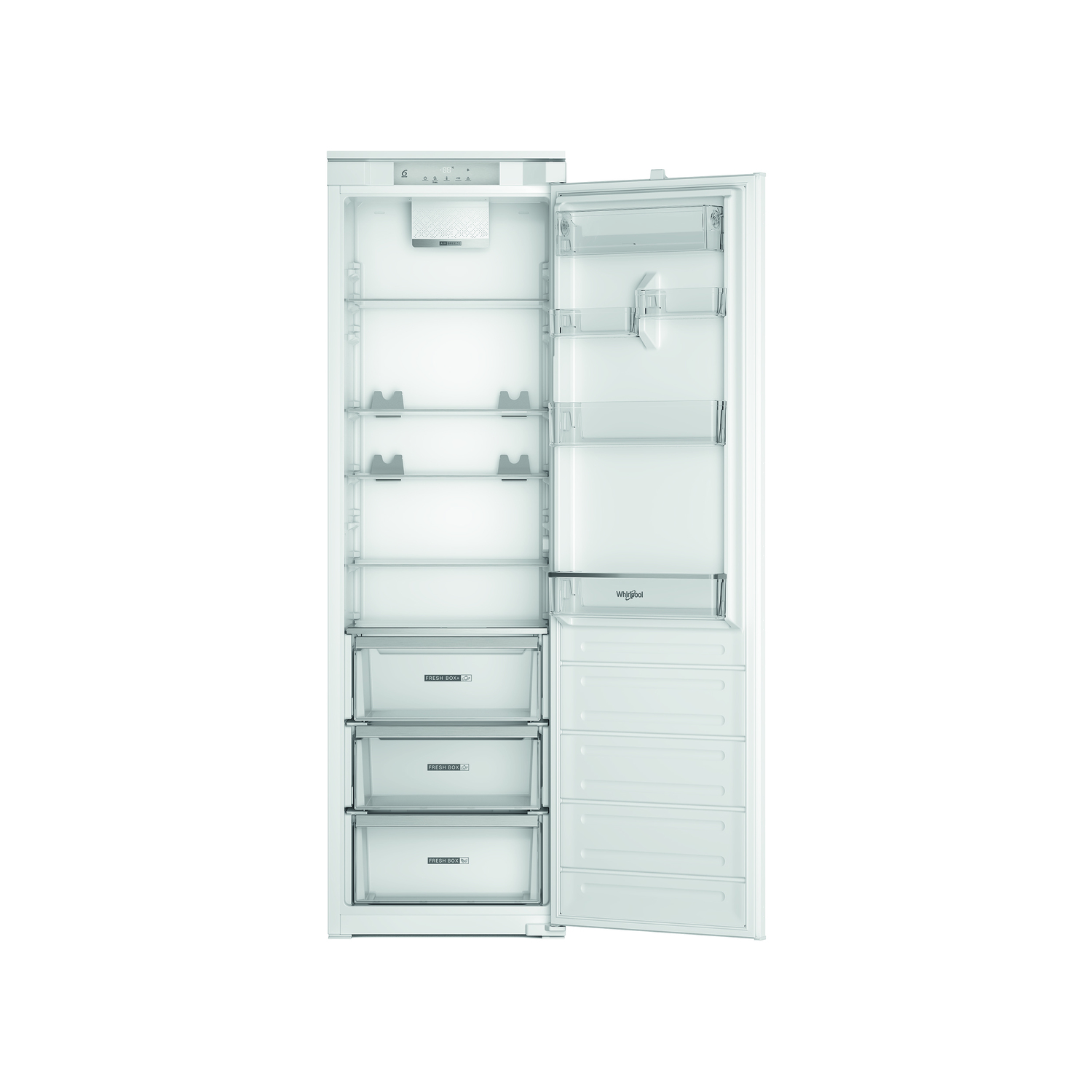 Refrigerador blanco con la puerta abierta, revelando estantes y cajones.