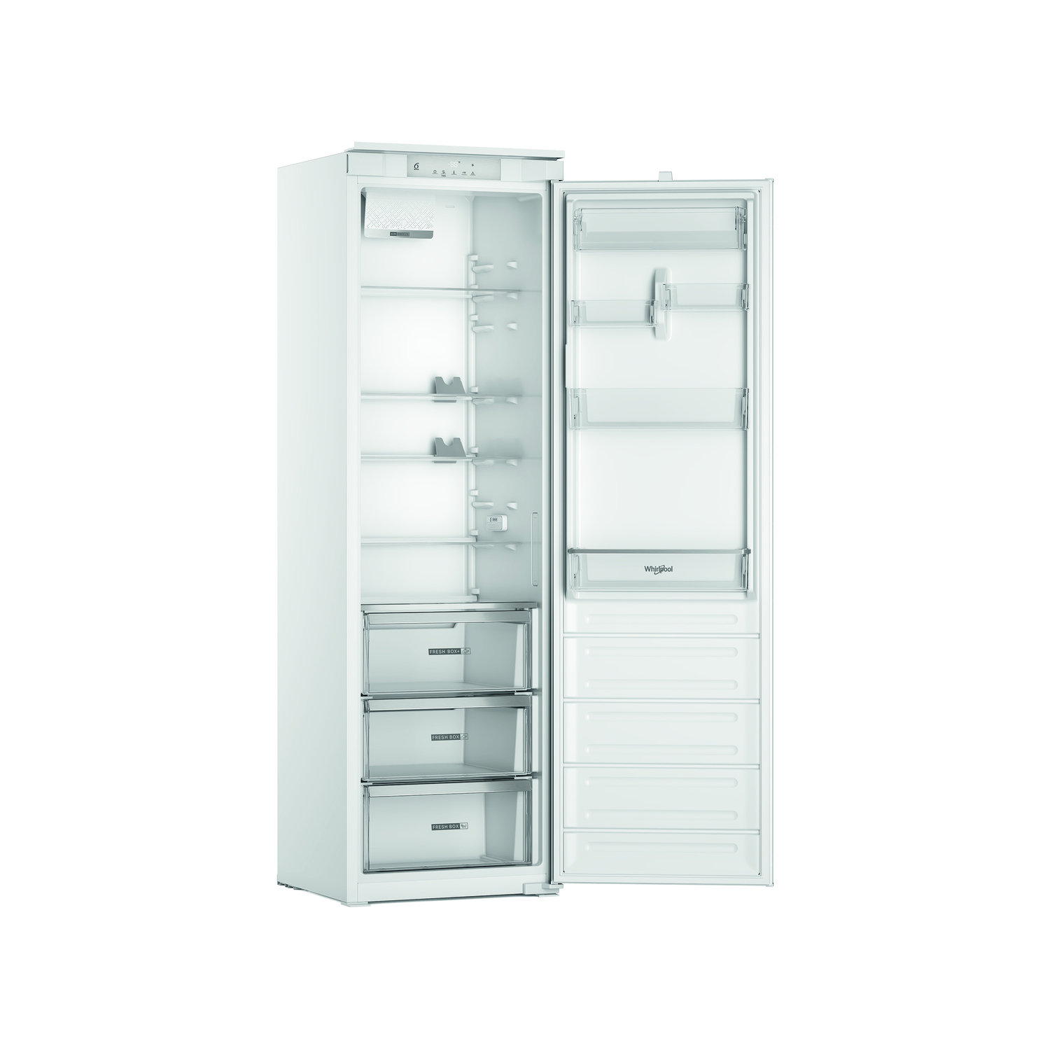 Refrigerador blanco con la puerta abierta, lleno de alimentos.