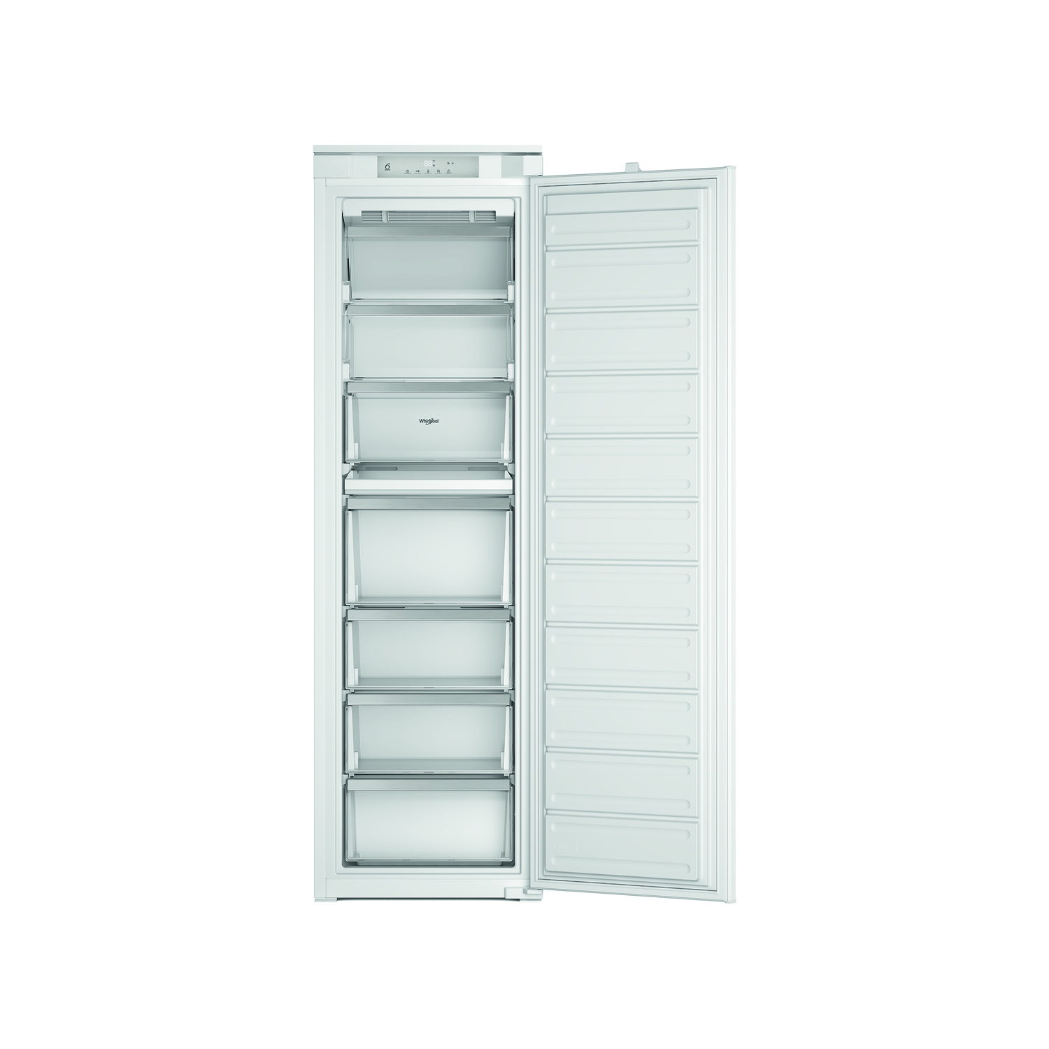 Un congelador blanco con la puerta abierta, revelando cajones y estantes transparentes.