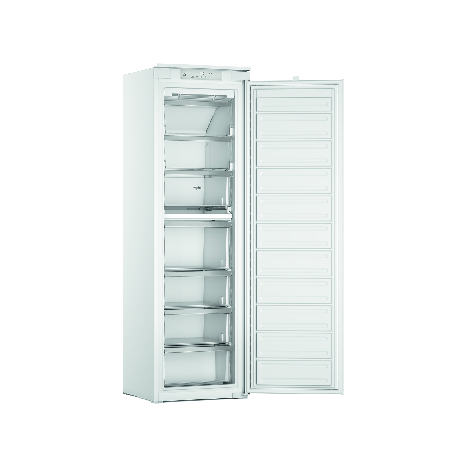 Un congelador blanco con la puerta abierta, mostrando cajones y estantes transparentes.