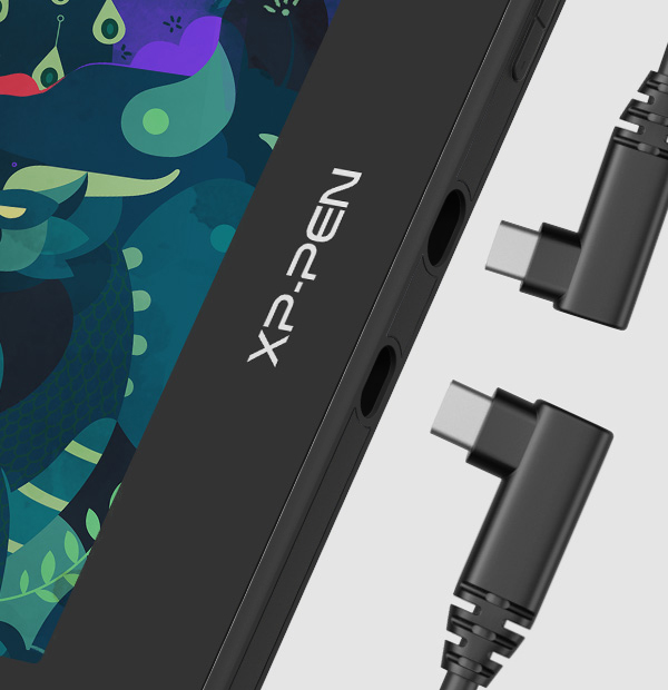Nahaufnahme eines schwarzen XP-PEN-Geräts mit angeschlossenen Anschlüssen und Kabeln.