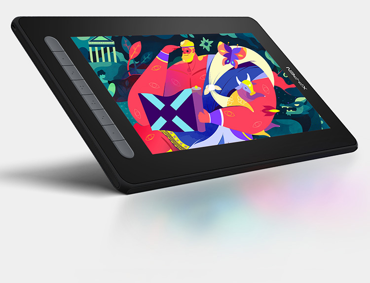 XP-PEN Tablet, angewinkelt, mit einer farbenfrohen Illustration auf dem Bildschirm.