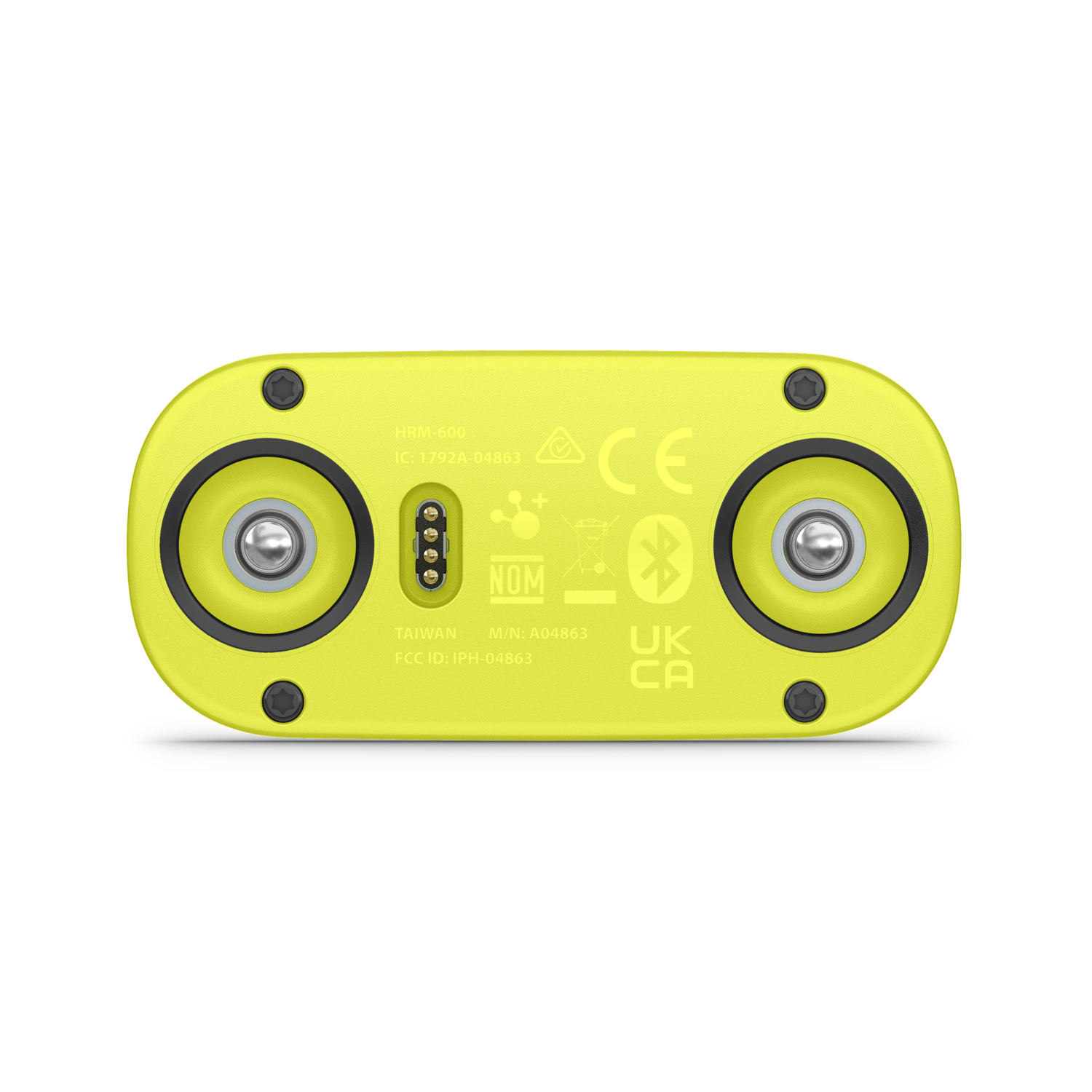 Achterkant van zwarte Garmin hartslagmeter, met contactpunten en logo's.