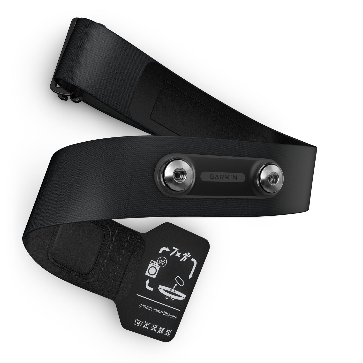Garmin hartslagmeterband, zwart, met sensor bevestigd, op zwarte achtergrond.