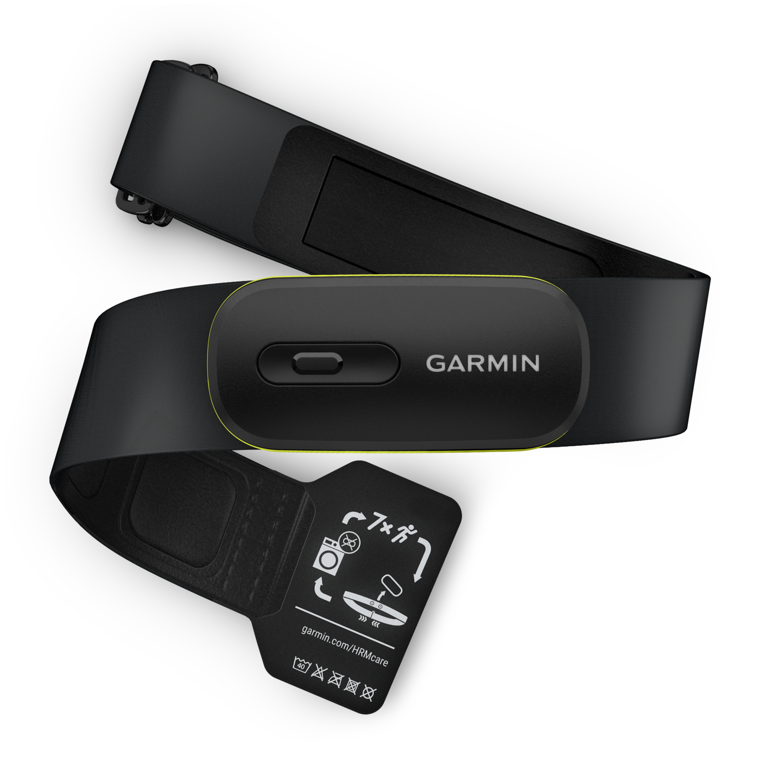 Zwarte Garmin hartslagmeter met gele accenten. Zit op een zwarte band.