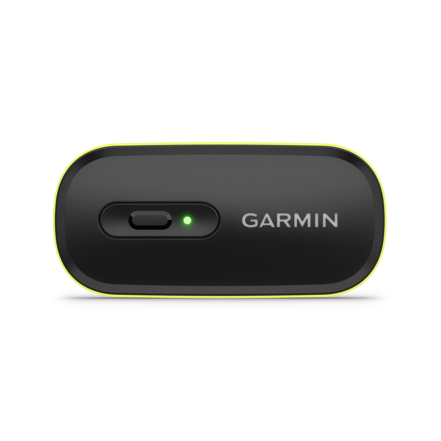 Close-up van een zwarte Garmin hartslagmeter met gele accenten.