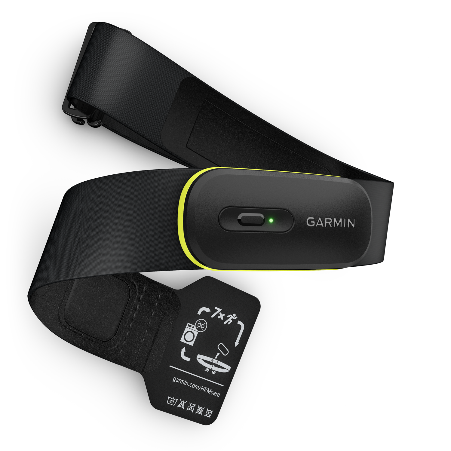 Zwarte Garmin hartslagmeter met gele accenten. Zit op een zwarte band.